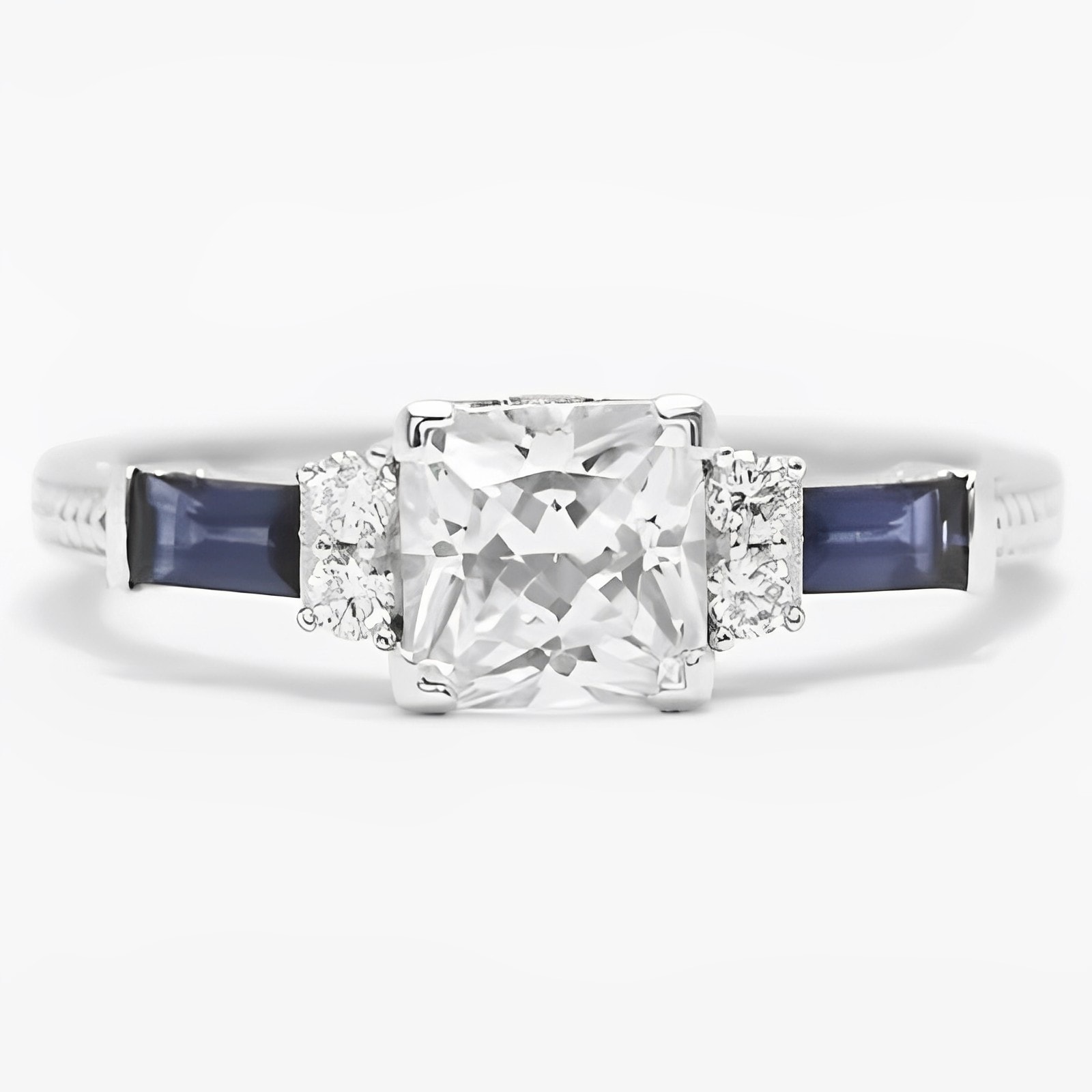 blue baguettes with diamond engagement ring