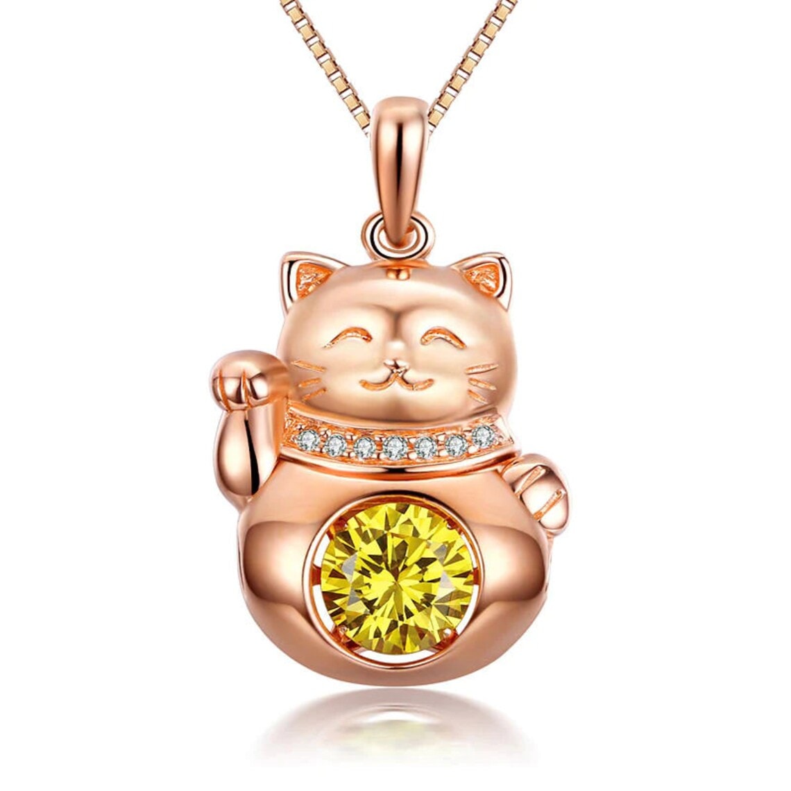rose gold maneki neko cz necklace