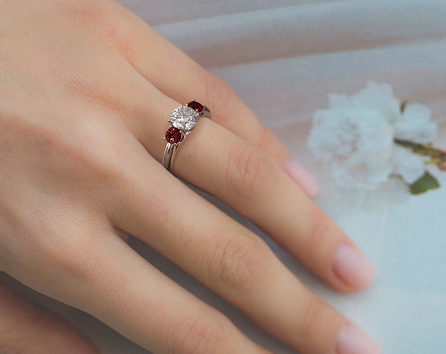 Three Stone Round Ruby Engagement Ring