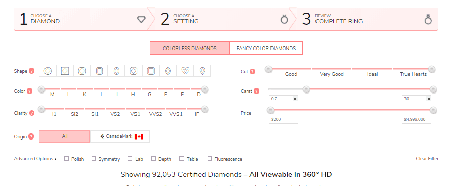 Loose diamond search filter James Allen