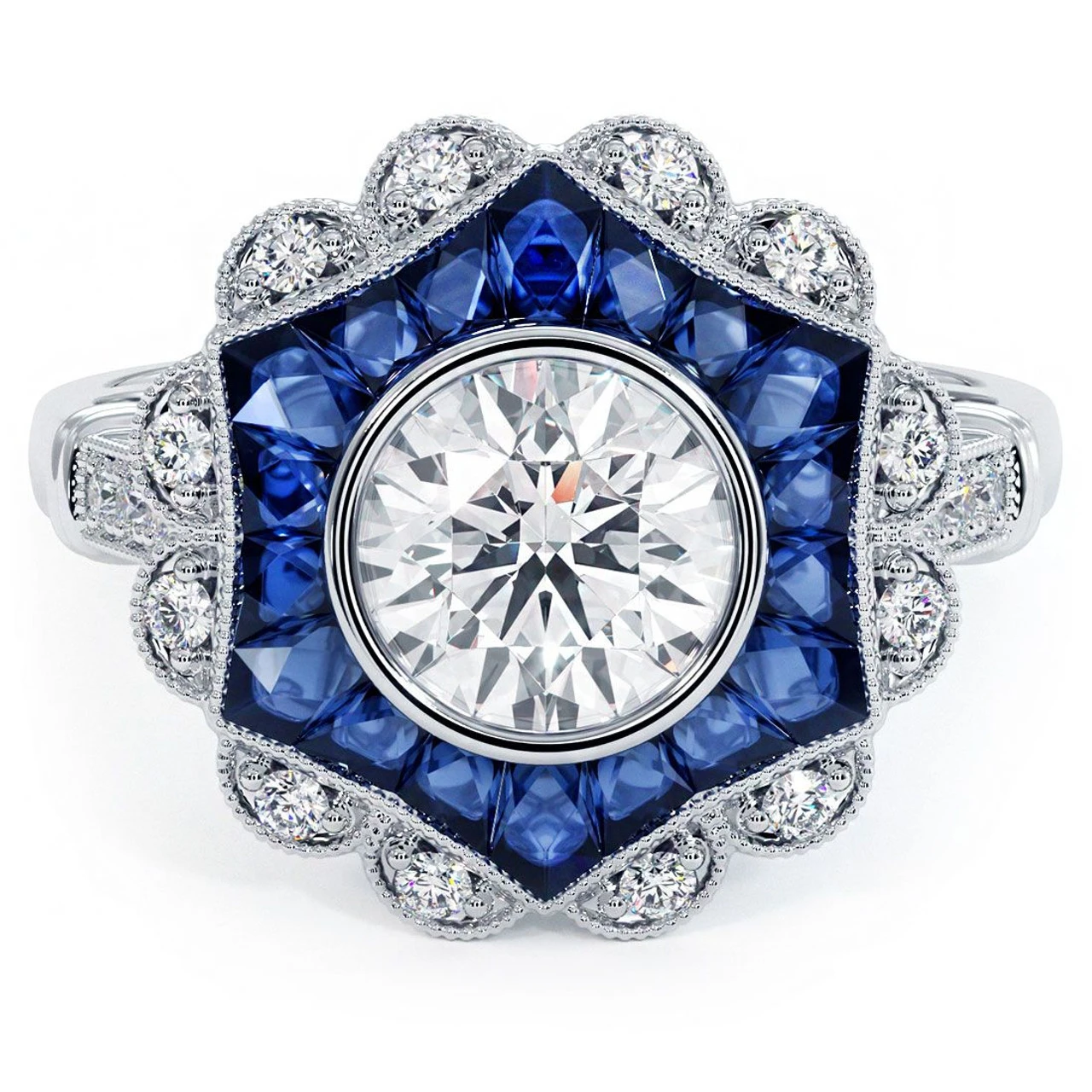 art deco inspired sapphire diamond engagement ring