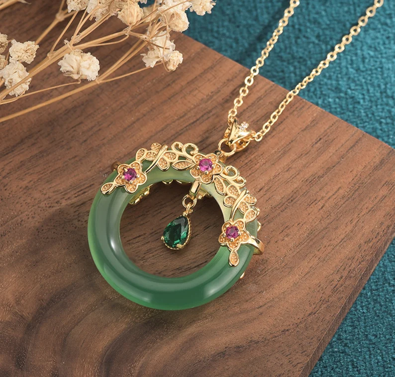 jade charm pendant gold necklace