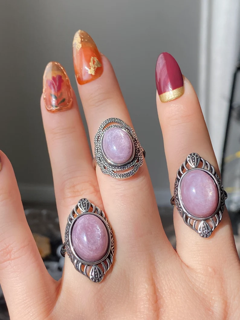 wearing purple lepidolite rings